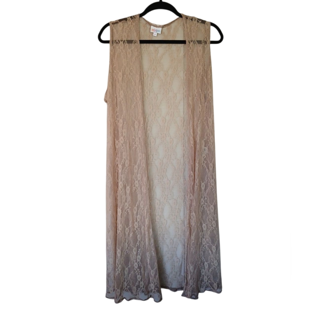 Lularoe Long Tan Sheer Lace Sleeveless Kimono With High Side Slits Size Medium